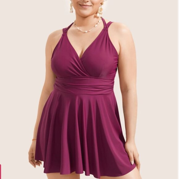 BloomChic Plus Size Solid Ruffle Hem Empire Waist Halter Neck Swim Dress - Picture 1 of 7